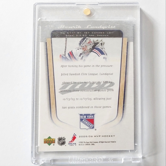 Henrik Lundqvist New York Rangers MVP Rookie Card 2005/06 - Picture 2 of 2